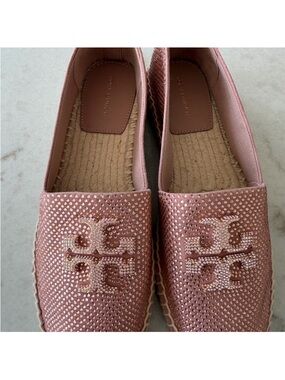 Tory Burch Blush Pink Crystal Logo Espadrille Flats